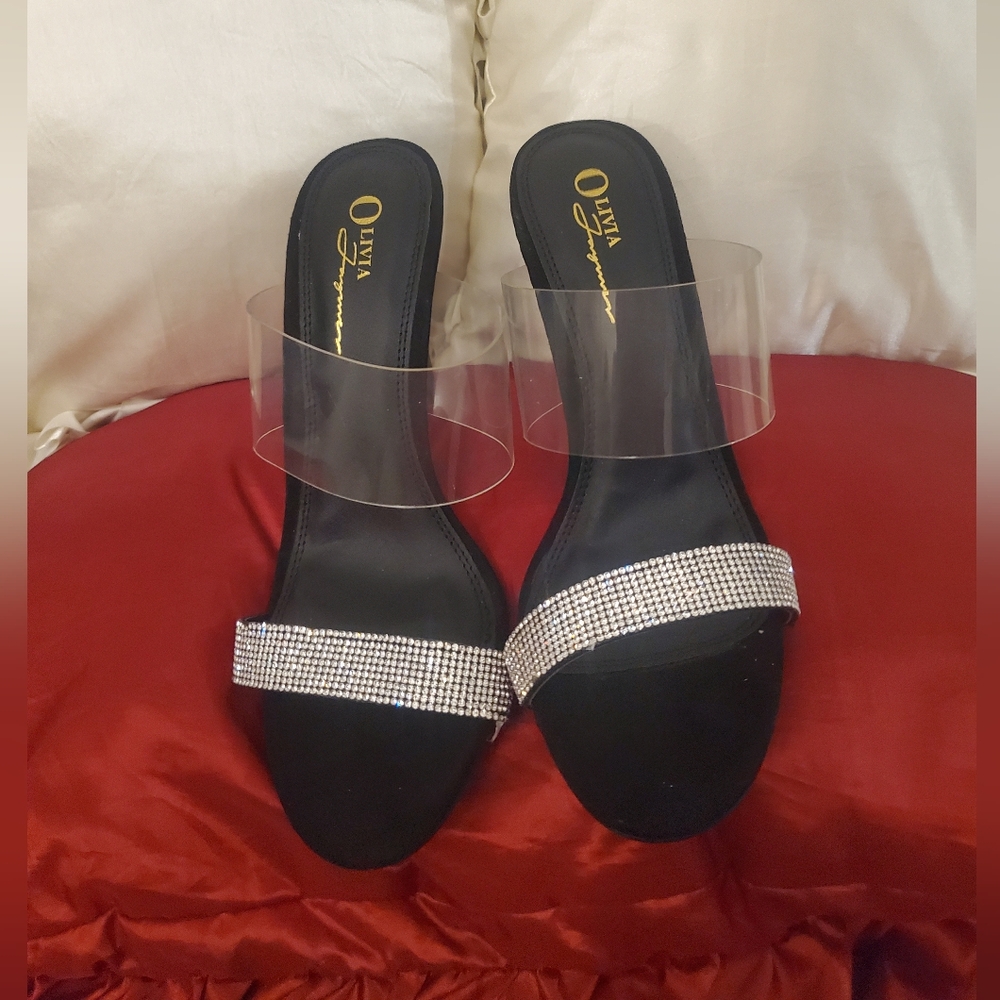 Olivia Furguson Black Clear Bling Slide On Heels 10 M